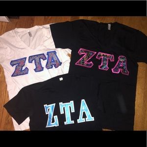 3 ZTA (Zeta Tau Alpha) t-shirts with Letters